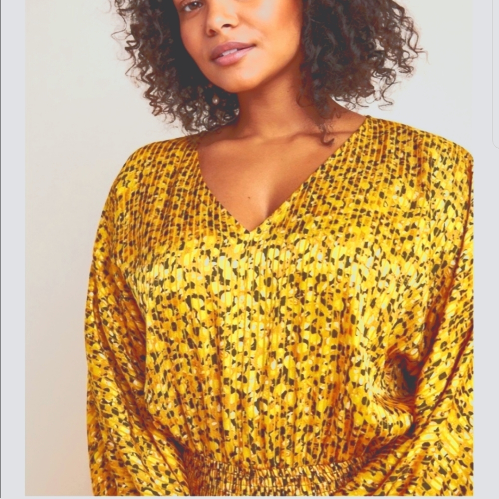 Anthropologie Golden Yellow Printed V-Neck Midi Dress